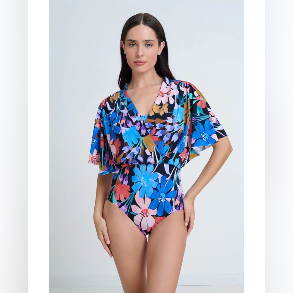 Gottex Modest Sleeved Surplice Blouson One Piece Swimsuit-size Large NEW w/ tags